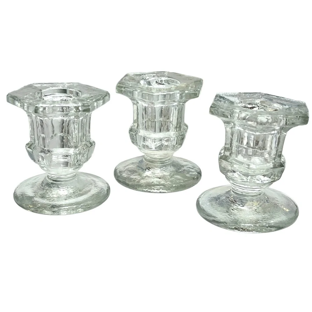MOULDED/PRESSED CLEAR GLASS CANDLESTICKS - SET OF 3